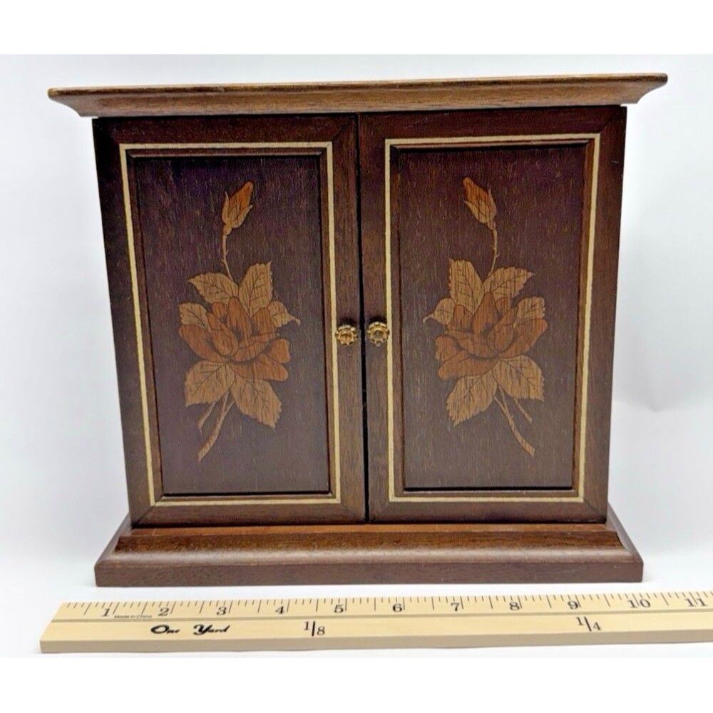 Wooden Jewelry Box Cabinet Floral Inlay 4 Drawer Doors Storage Chest Vintage